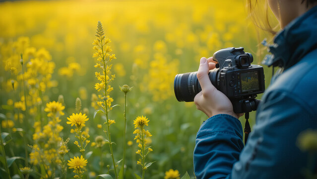 Photographer Captures Vibrant Yellow Flowers in a Sunlit Field with DSLR Camera - Powered by Adobe