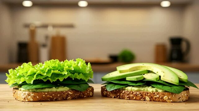 Avocado toast vibrant greens multigrain bread kitchen backdrop healthy eating
