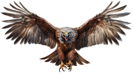 Majestic brown eagle in flight, wings spread wide, detailed feathers, wildlife nature scene, isolated on transparent background.