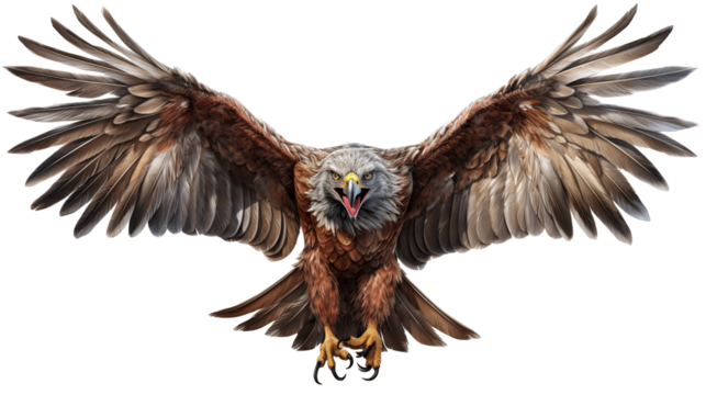 Majestic brown eagle in flight, wings spread wide, detailed feathers, wildlife nature scene, isolated on transparent background.