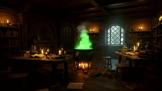 Wizards den Cauldron bubbles with eerie green light in a dim bookfilled room
