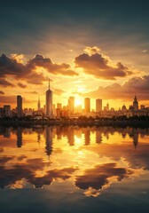 Naklejka premium Golden Sunset Cityscape Reflection - Stunning cityscape at sunset reflected in calm water, creating a beautiful and serene