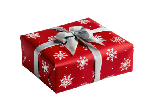 A festive holiday gift wrapped in red paper with snowflake patterns and silver bow