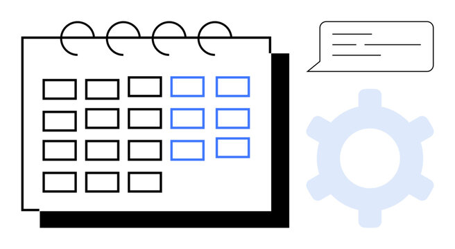 Calendar with monthly layout, speech bubble, and gear icon symbolizing scheduling, teamwork, management, or organization. Ideal for workflows, productivity planning meetings goals teamwork. Flat