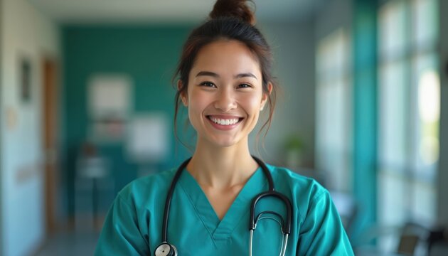 Smiling healthcare pro in scrubs. Expresses caring, compassion in medical environment. Asian nurse with stethoscope. Person hides internal feeling, emotions. Depression disease, mental health.