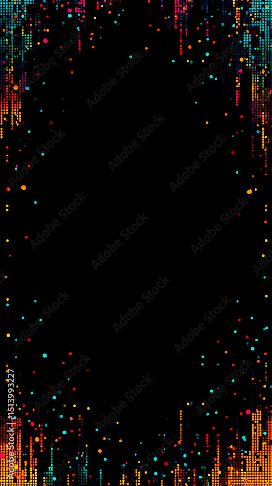 Poster retro 8-bit pixel art background with falling colorful dots, clean center for text, minimalist digit
