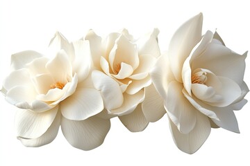 Fototapeta premium A group of delicate white gardenia flower heads isolated against a transparent background for elegant graphics