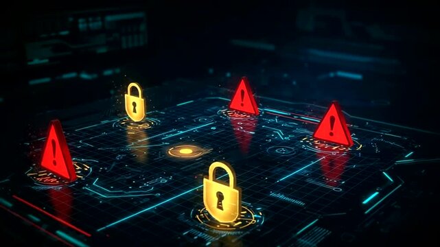 Cyber vulnerabilities glow amidst digital grid lock  alert icons warning of breaches - Powered by Adobe
