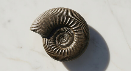 Obraz premium A beautiful spiral shell showcases its detailed ridges and curves as it rests on a smooth, light-colored surface. The sunlight highlights its structure and texture effectively.