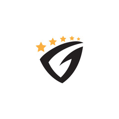 Shield logo with letter G decorated with stars in flat design style