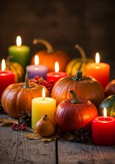 Autumn Harvest Glow - Pumpkins and candles create a warm, inviting autumn scene. Perfect for Thanksgiving or fall themes