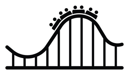 Amusement park roller coaster vector icon. Thrill ride, theme park, fun, excitement, vacation, or family entertainment symbol. Black silhouette isolated on white background.
