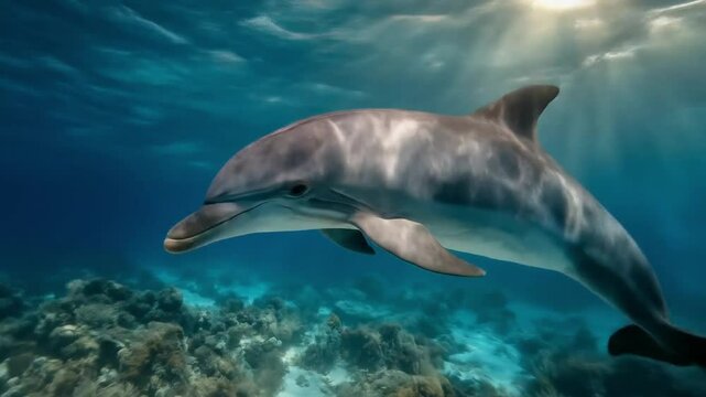 a cute dolphin gracefully swimming in sunny seawater, its fin like limbs gently pushing it into a peaceful underwater scene. The background is seawater, and sunlight shines through the sea surface