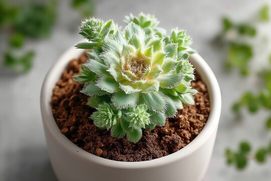 A small green plant in a white pot on a table