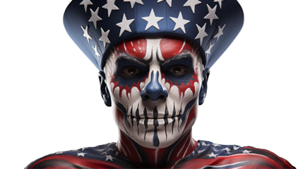 American flag skull face paint, Halloween costume makeup, bold patriotic portrait art, isolated on transparent background.