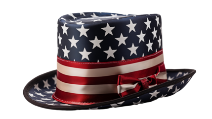 Patriotic top hat with American flag, July 4th accessory, festive headwear, stars & stripes, red white blue fashion design, isolated on transparent background.
