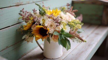 Fototapeta premium A vase filled with flowers sitting on top of a wooden bench