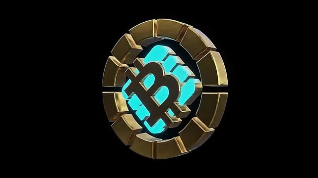3D Crypto Blockchain Icon - Metallic Gold, Silver & Neon Glow