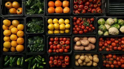 Colorful fresh produce in black containers, overhead view.