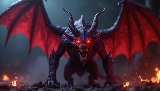 Digital rendering fearsome gargoyle with glowing red eyes and fiery wings. Monster creature from hell. Sinister face full of teeth. Dark atmosphere. Scary, evil, demon.