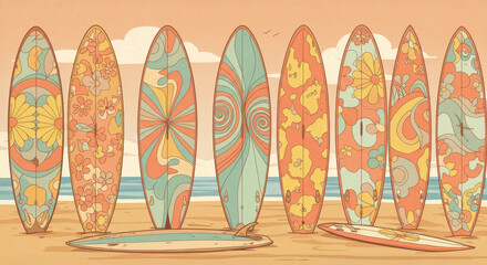 Retro Surfboards on Sandy Beach - Colorful vintage surfboards line a sandy beach under a sunset sky. A nostalgic summer vibe
