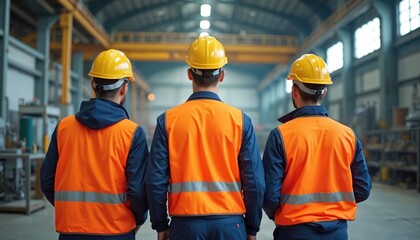 Team of Environmental Health, Safety specialists in work. Professionals at factory, construction site, engineers wear hard hats safety vest. Safety standards, industrial workers, building