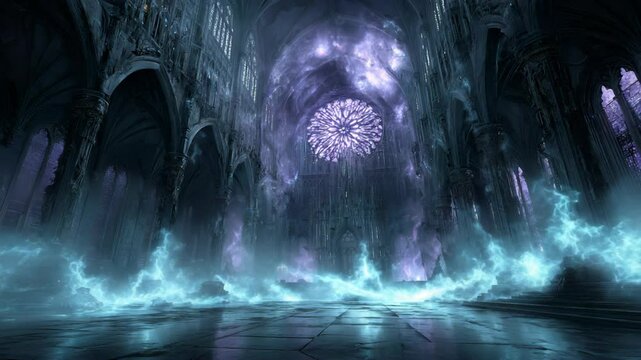 inside the ancient church ghostly energy glowing floating around , spooky horror atmosphere 