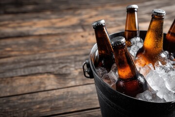 Iced beer bottles in a metal bucket with rustic wood background, ideal for summer bar ads, party flyers, pub menus, beverage promotions, and refreshment concepts