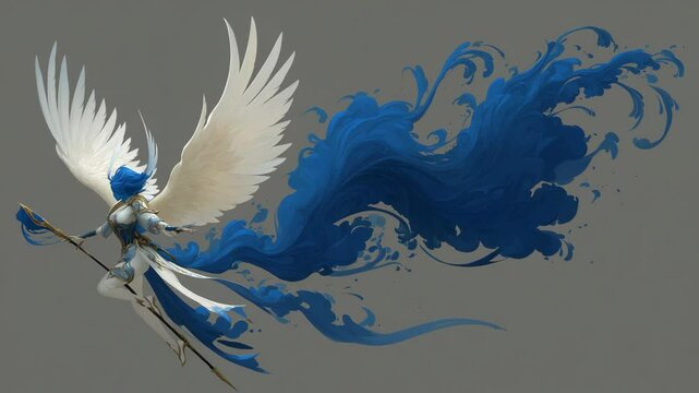 a white wing arch angle character design flying with blue cloud behind