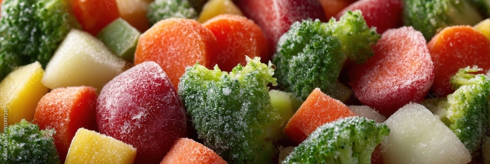 Poster close-up of frosted vegetables in steamable pouch with bright colors showcasing various types suitab