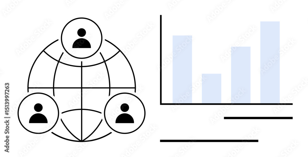 Poster connected globe with user icons symbolizes teamwork, beside a bar graph for data analytics. ideal fo