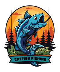 Epic Catfish Fishing Sunset Angling Adventure Illustration