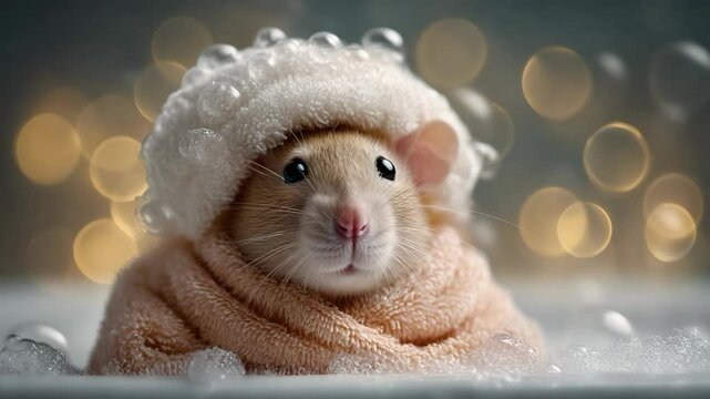 close up cute tiny rat happy bath time with soap bubble on head, funny animal 
