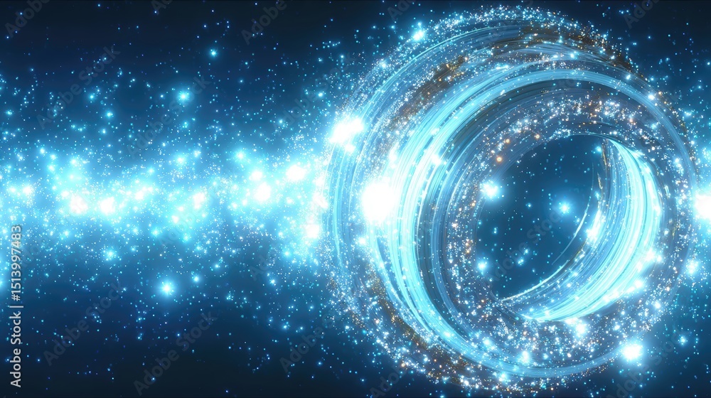 Poster Rotating Neon Rings and Luminous Particles Create a Dynamic Portal in a Sci Fi Universe