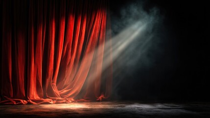 Dramatic red theater curtain bathed in spotlight, evoking anticipation and grandeur on stage