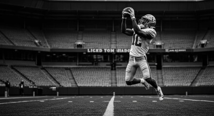 Athlete Leaps High for Catch in Stadium - A powerful symbolizing athleticism, determination, victory, ambition, and triumph. A football player makes an incredible catch