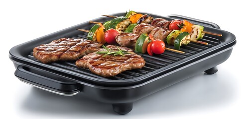 Close up of steaks and vegetable skewers cooking on a black electric indoor grill plate
