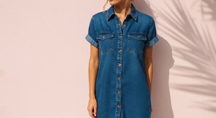 Denim Shirt Dress Summer Fashion 2025 - Casual summer , denim shirt dress, button-down, short sleeves, relaxed fit. Represents comfort, versatility, effortless chic, and timeless appeal