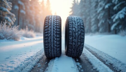 Winter and summer tires comparison on snowy road. Vehicle safety in winter driving. Different tire treads on snow covered asphalt. Seasonal tire change concept. Road safety.