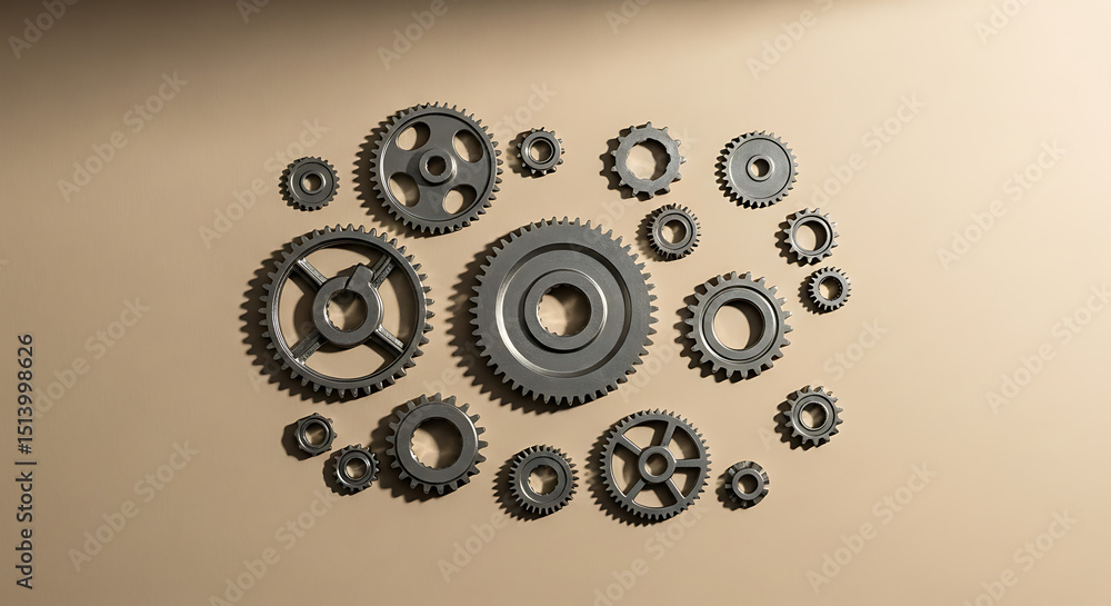 Poster an artistic layout of various metal gears is displayed against a neutral background. each gear diffe