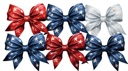 Red white blue patriotic bows, festive stars design, Independence Day digital art, holiday celebration graphic, isolated on transparent background.