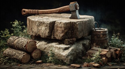 Rustic axe resting on a stone slab, surrounded by logs and foliage