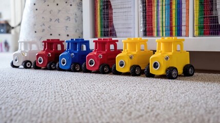 Colorful Toy Trucks Lined up for Transport During a Move to a New Home