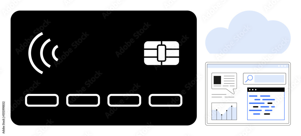 Poster black contactless payment card with chip, cloud icon, and analytics dashboard depicting data usage. 