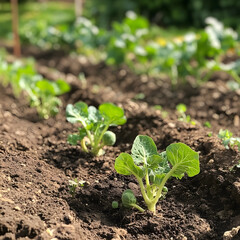 Obraz premium Young Green Seedlings Sprouting from Rich Dark Earth in a Sunny Garden