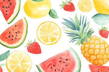 Watercolor Summer Fruits Pattern with Pineapples, Watermelons, and Strawberries