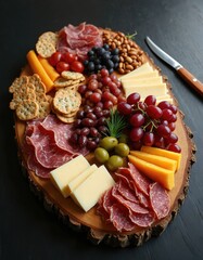 Top view charcuterie board with delicious meat, cheese assortment on black table. Salami, prosciutto, brie, gouda, cheddar, olives, grapes, crackers, nuts. Party snack, appetizer. Rustic food,