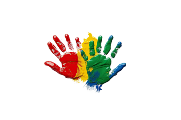 Colorful hand prints overlapping against black background representing art creativity and design
