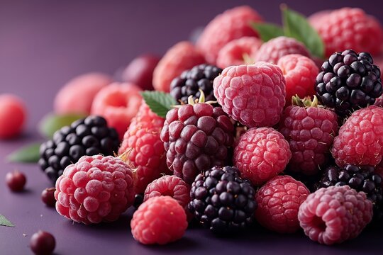 A pile of raspberries and blackberries on a purple surface