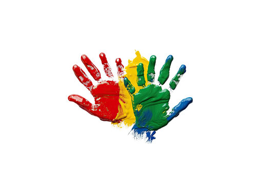 Colorful hand prints overlapping against black background representing art creativity and design - Powered by Adobe